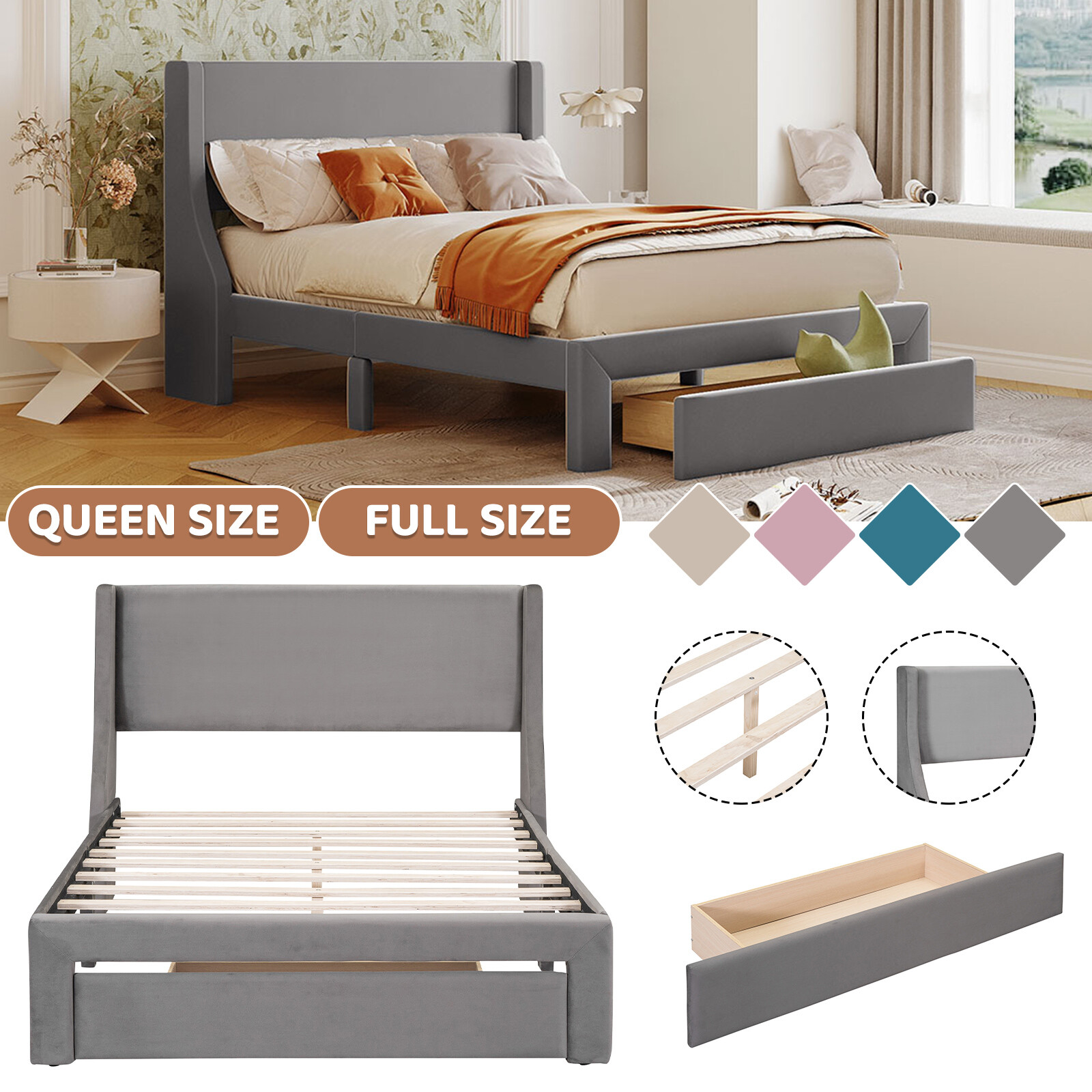 With Soft Upholstered Headboard&storage Drawer