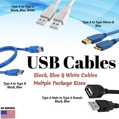 USB Cable Type A Male to A Male Female B Male Micro B Male BLACK BLUE WHITE Lot