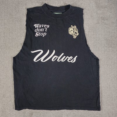 Darc Sport Waves Dont Stop Wolves Muscle Tank Sleeve Cutoff Mens XL Black Gym