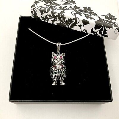 STERLING SILVER Plique a Jour Art Nouveau Ruby Pet Cat Kitten Pendant Necklace