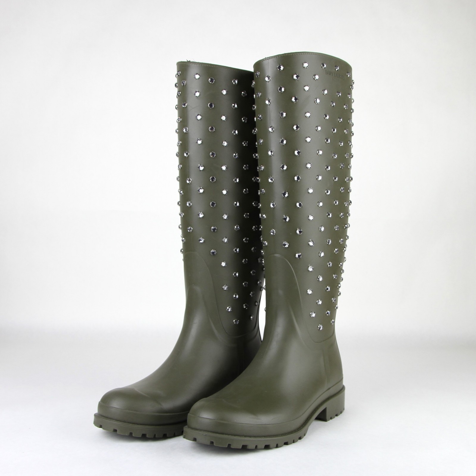 Pre-owned Saint Laurent Women Olive Green Rubber Rain Boots W/diamond Studs 427307 2906