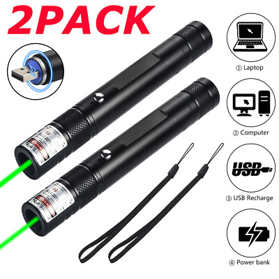 2PC 2000Miles 532nm Green Laser Pointer Pen USB Rechargeable Single Light Lazer 
