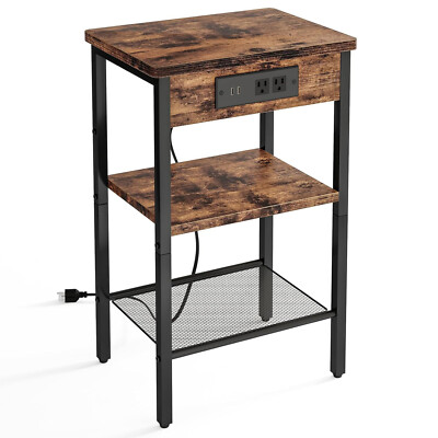 3-Tier End Table with Storage Shelf Night Stand with Charging Station for Home
