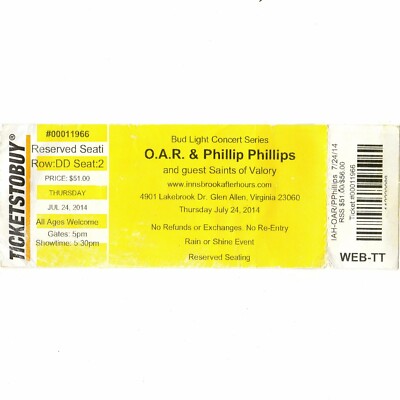 O.A.R. & PHILLIP PHILLIPS Concert Ticket Stub GLEN ALLEN VIRGINIA 7/24/14 Rare