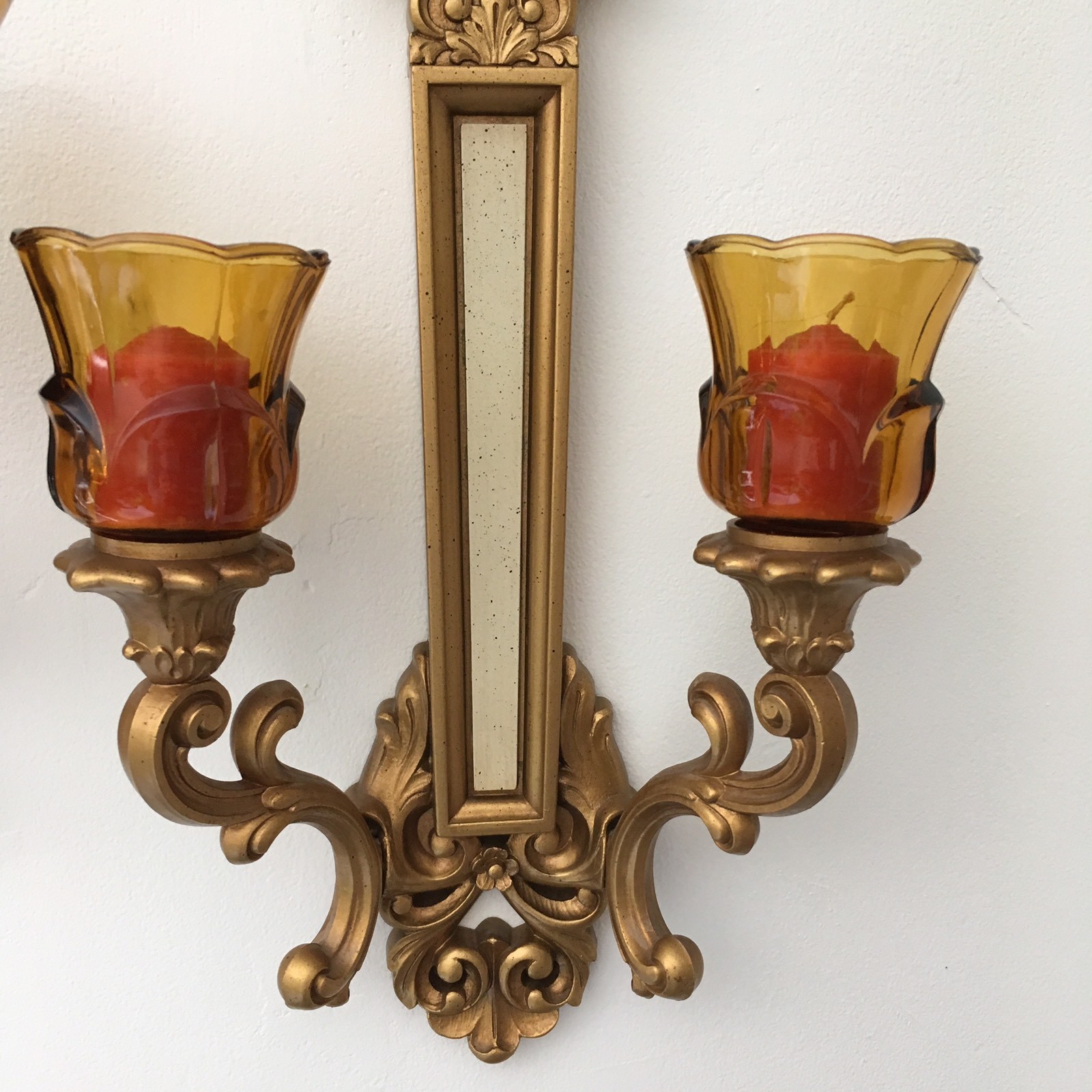 Set Syroco Wall Sconces Votive Glass Candle Holders Gold 4081 Homco Vintage 1969