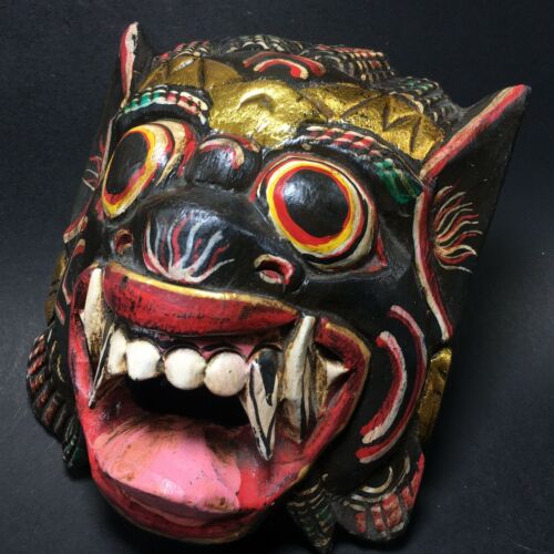 Balinese Wood Mask Barong Singh Black Indonesian Ritual Carved Wall Decor 6 inch