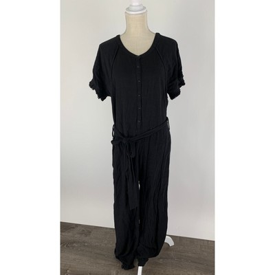 Umgee Linen Blend Short Sleeve Jumpsuit Frayed Hem Womens Size Small Black New