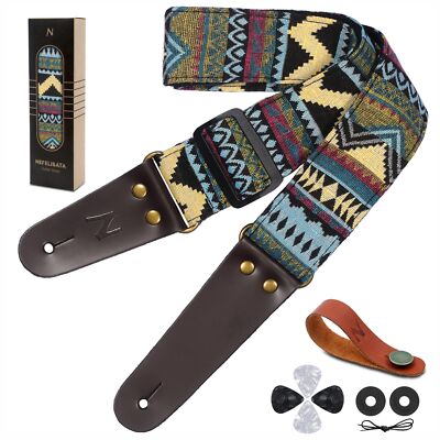 , Vintage Cotton Guitar Straps With Head Cowhide Leather End
