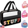 Chenille Letter Clear Makeup Bags Stuff Tote, Preppy Patch Makeup Bag Zipper with Handle, Waterproof PVC and Nylon Portable Glitter Large Cosmetic Travel Toiletry Storage for Women Girls(STUFF-Black)