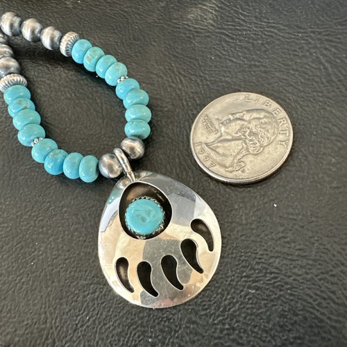 Pre-owned Handmade Mens Blue Turquoise Bearpaw Pendant Navajo Pearls Sterling Silver Necklace 17880