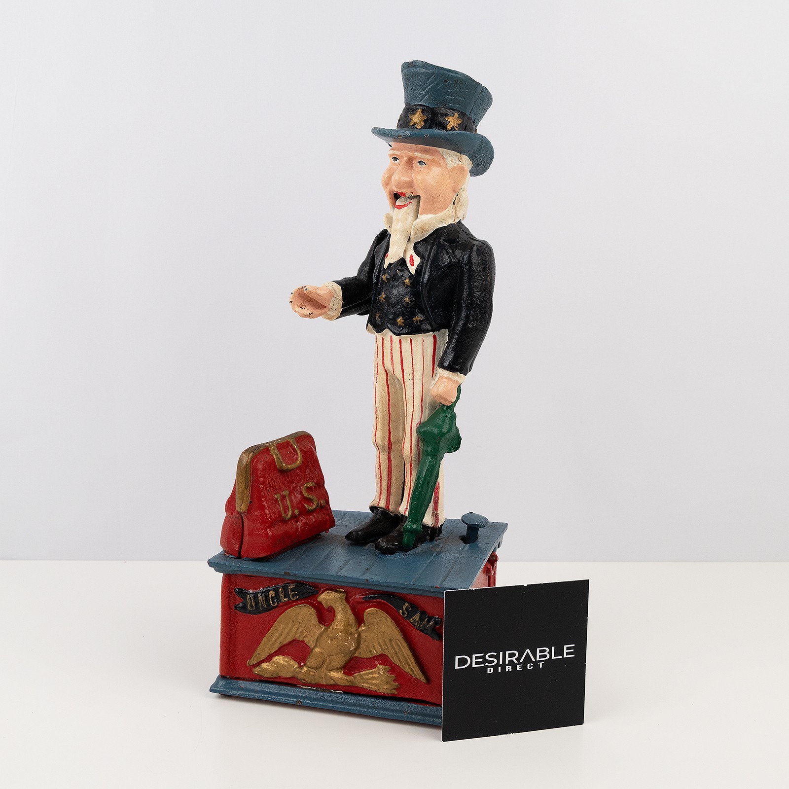 Uncle Sam cast iron mechanical coin bank front view, vintage style reproduction