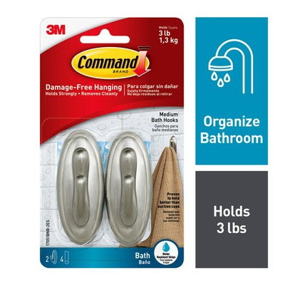 Command Bath Medium Hooks, Brushed Nickel, 2 Wall Hooks 4 Water Resistant Strips