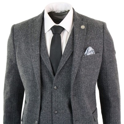 Pre-owned Truclothing Mens Grey Black 3 Piece Tweed Suit Herringbone Wool Vintage Retro In Charcoal