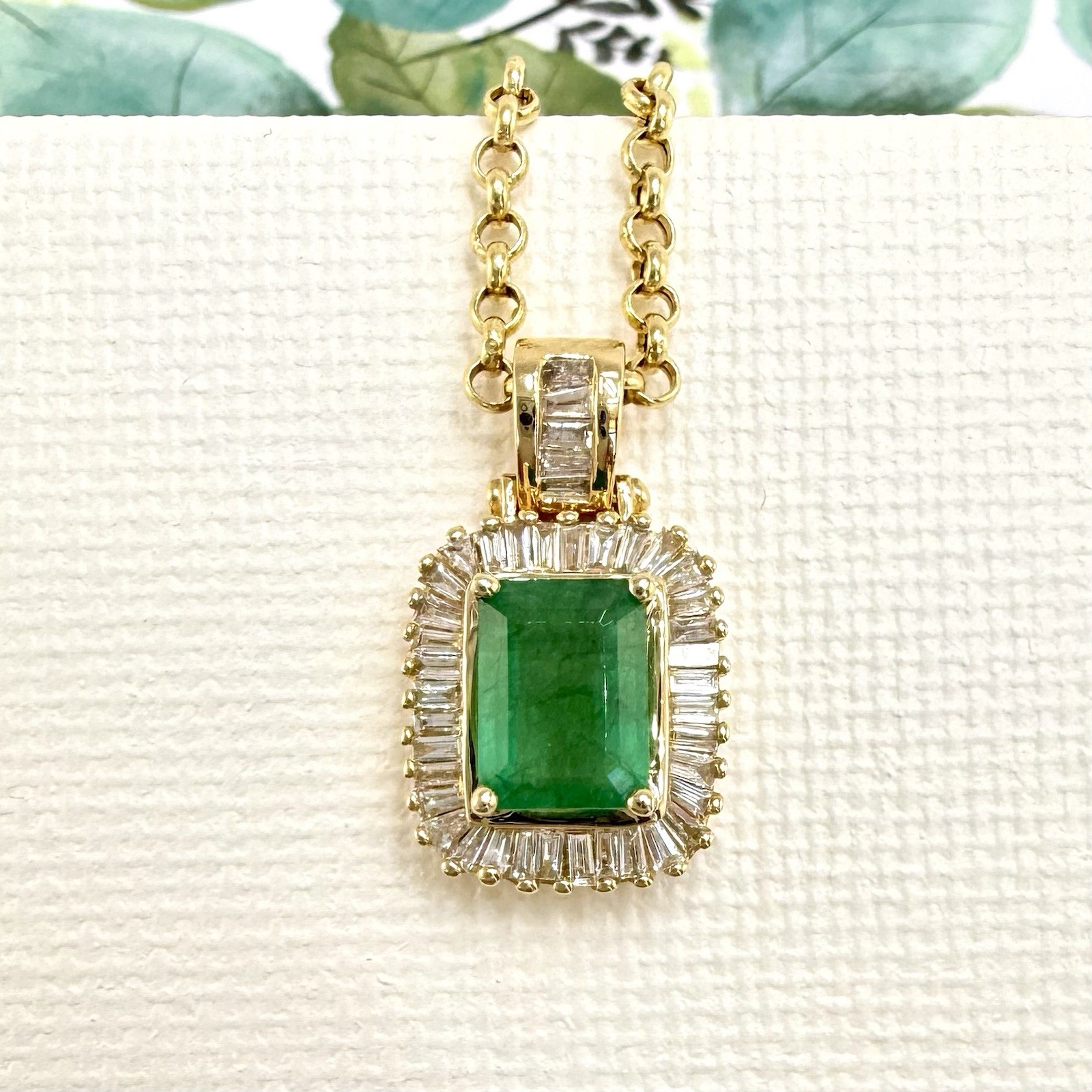 14k Yellow Gold Genuine Emerald & Diamond Pendant, Preowned - Picture 1 of 8