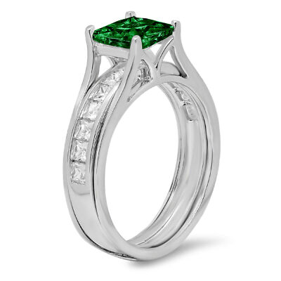 Pre-owned Pucci 3.4 Princess Cut Simulated Emerald Wedding Ring Set Sliding Solid 14k White Gold