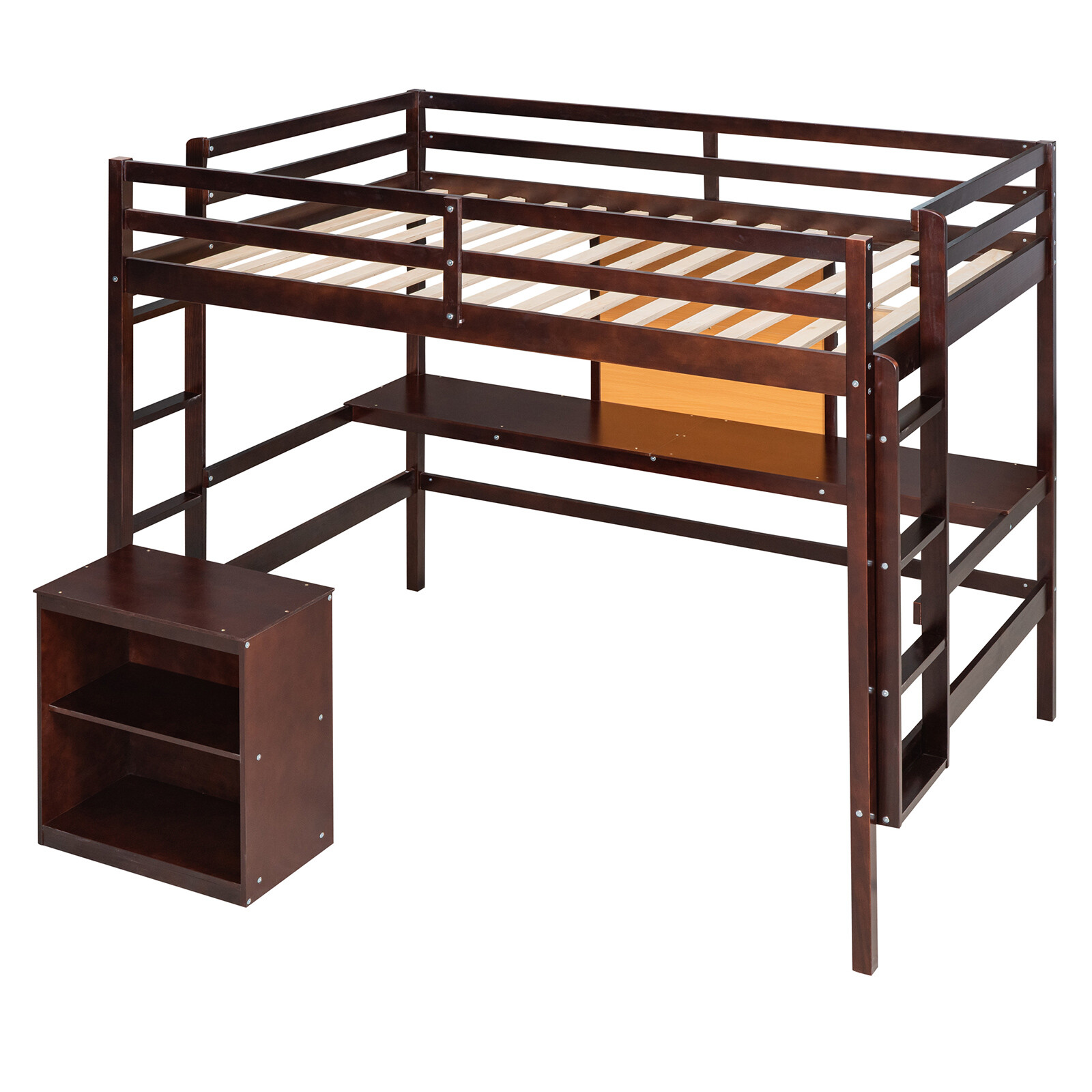 Twin/Full Size Loft Bed Wood Frame with Desk Writing Board and 2 Drawers Cabinet
