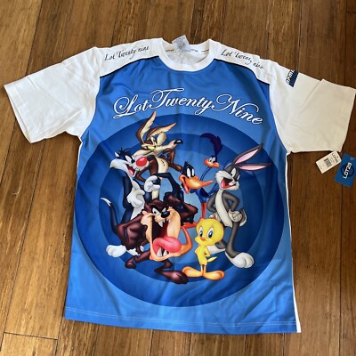 Lot 29 T Shirt Mens L/LG Looney Tunes Thats All Folks Acme Racing White Blue Y2K