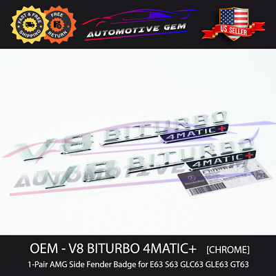 OEM V8 BITURBO 4MATIC+ Plus AMG Fender Emblem CHROME Mercedes GLC63 E63 S63 GT63