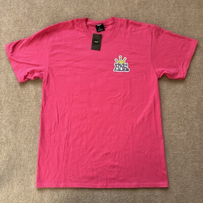 NWT HUF Men s Large Pink Crown Logo Crew Neck Short Sleeve Skateboard Shirt