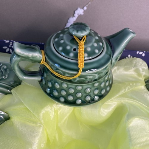 Porcelain Chinese Green Teapot w 6 Dragon Double-Wall Cups Tea Set