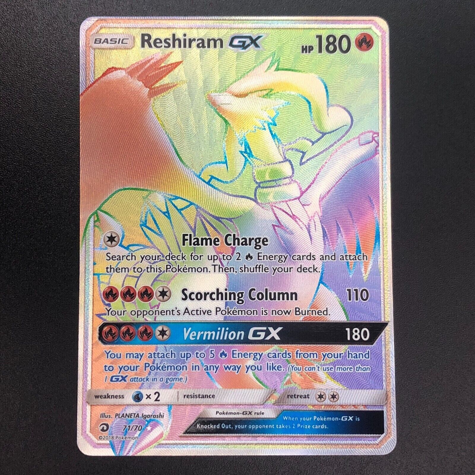 Reshiram GX 71/70 Rainbow Secret Rare Card Pokémon Dragon Reshiram GX 71/70 Rainbow Secret Rare Card Pokémon Dragon