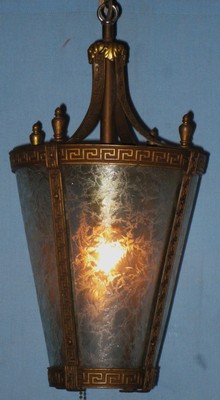 ANTIQUE ELECTRIC TAPERING HANGING LANTERN CEILING FIXTURE CHICAGO 1900 GREEK KEY