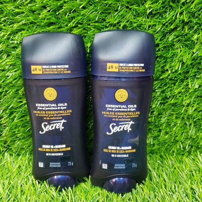 2x Secret Deodorant Essential Oils - COCONUT OIL & MANDARIN - 73g/3 oz - ex 7/23