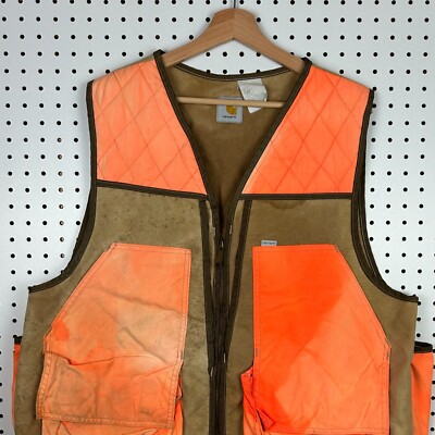 Vintage Carhartt Canvas Vest Size XL Blaze Orange Brown Duck Hunting VU250