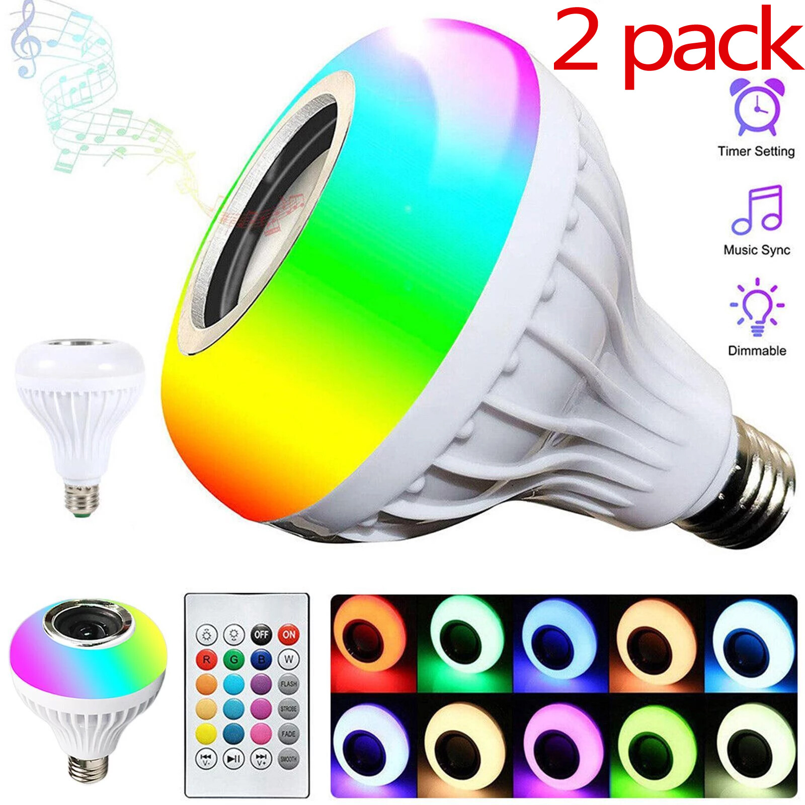 2 Pack Speaker Light Bulb Lamp12W E26 LED RGB Wireless Bluetooth Music Play US