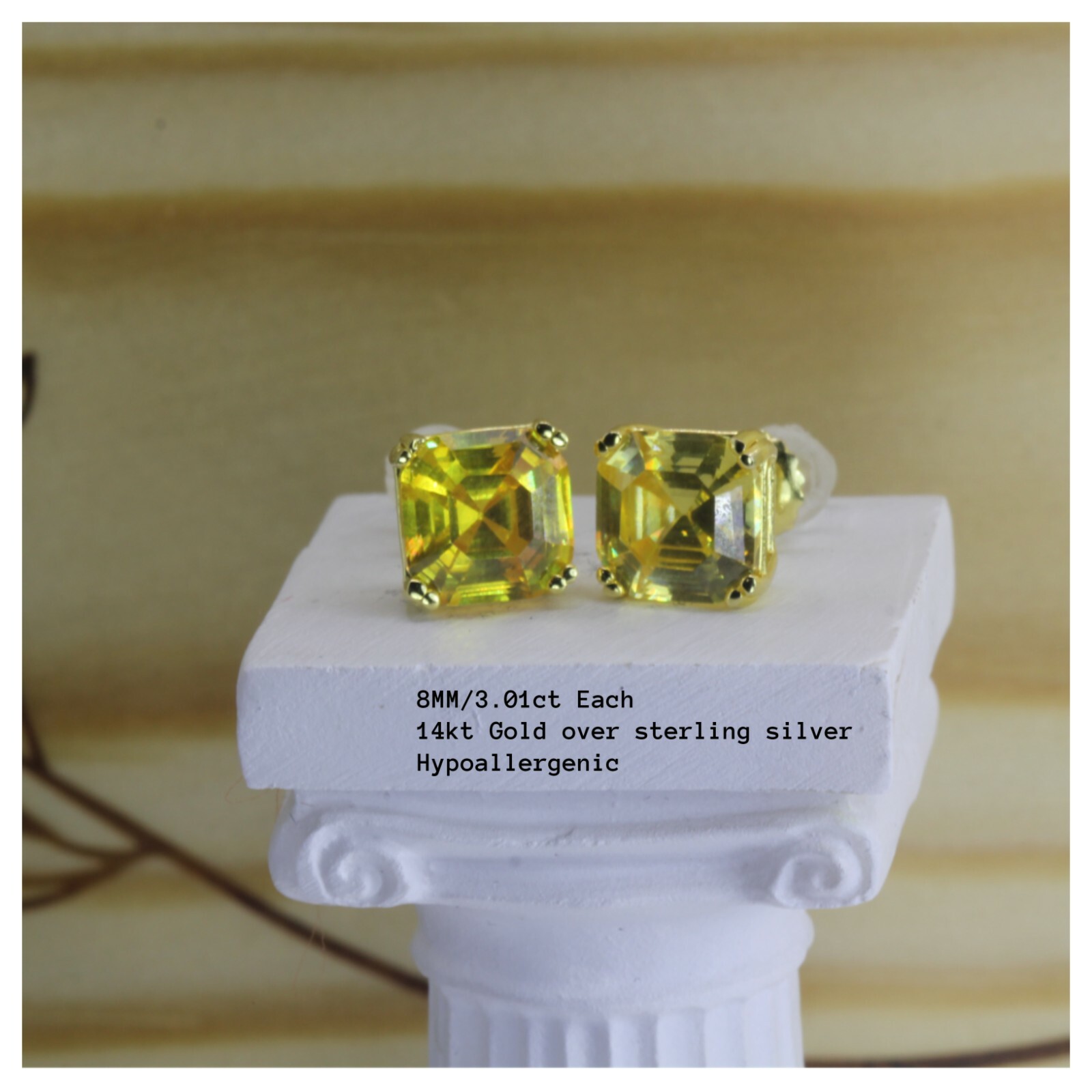 Canary Yellow 3.01CT/Each Asscher Cut Gold Plated Silver CZ Stud Earrings Unisex