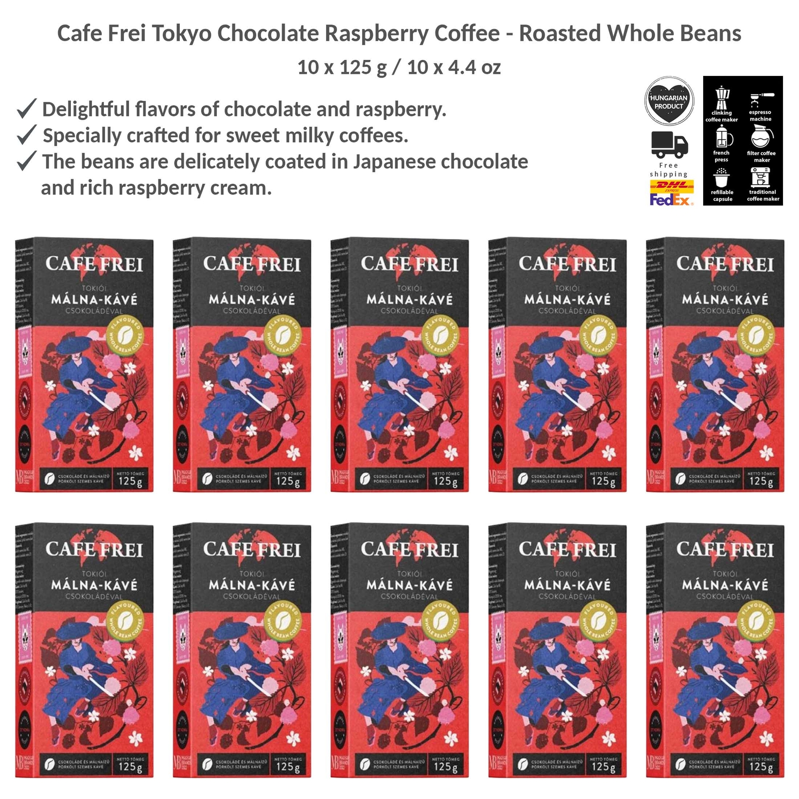 Cafe Frei Tokyo Chocolate Raspberry Flavored Coffee Roasted Arabica Bean 125gx10