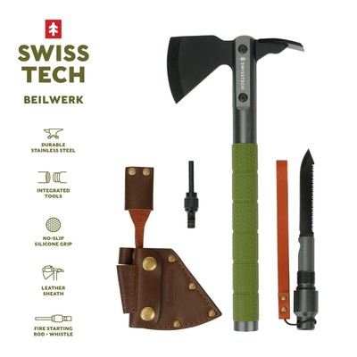 Swiss Tech Multi-tool Hatchet with Pocket Knife, No-slip Silicone Grip, Green