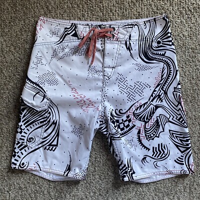Fox Riders Board Shorts Mens Size 30 White Geometric Tribal Surf Swim Trunks