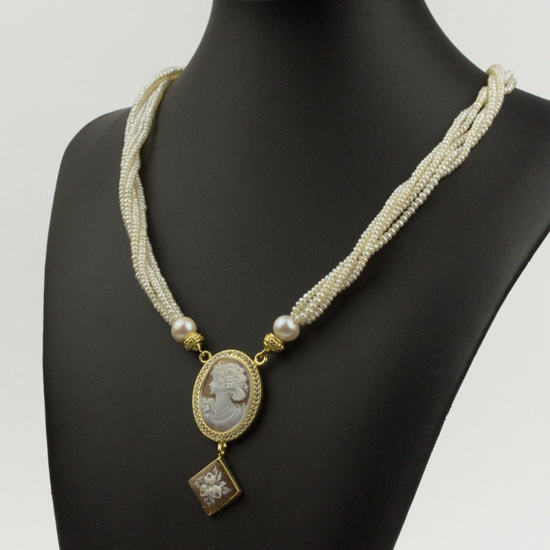 Collier En Argent 925 D'Or Avec Zircons Perles CamÃ©E Sardonique Face Agln 0227