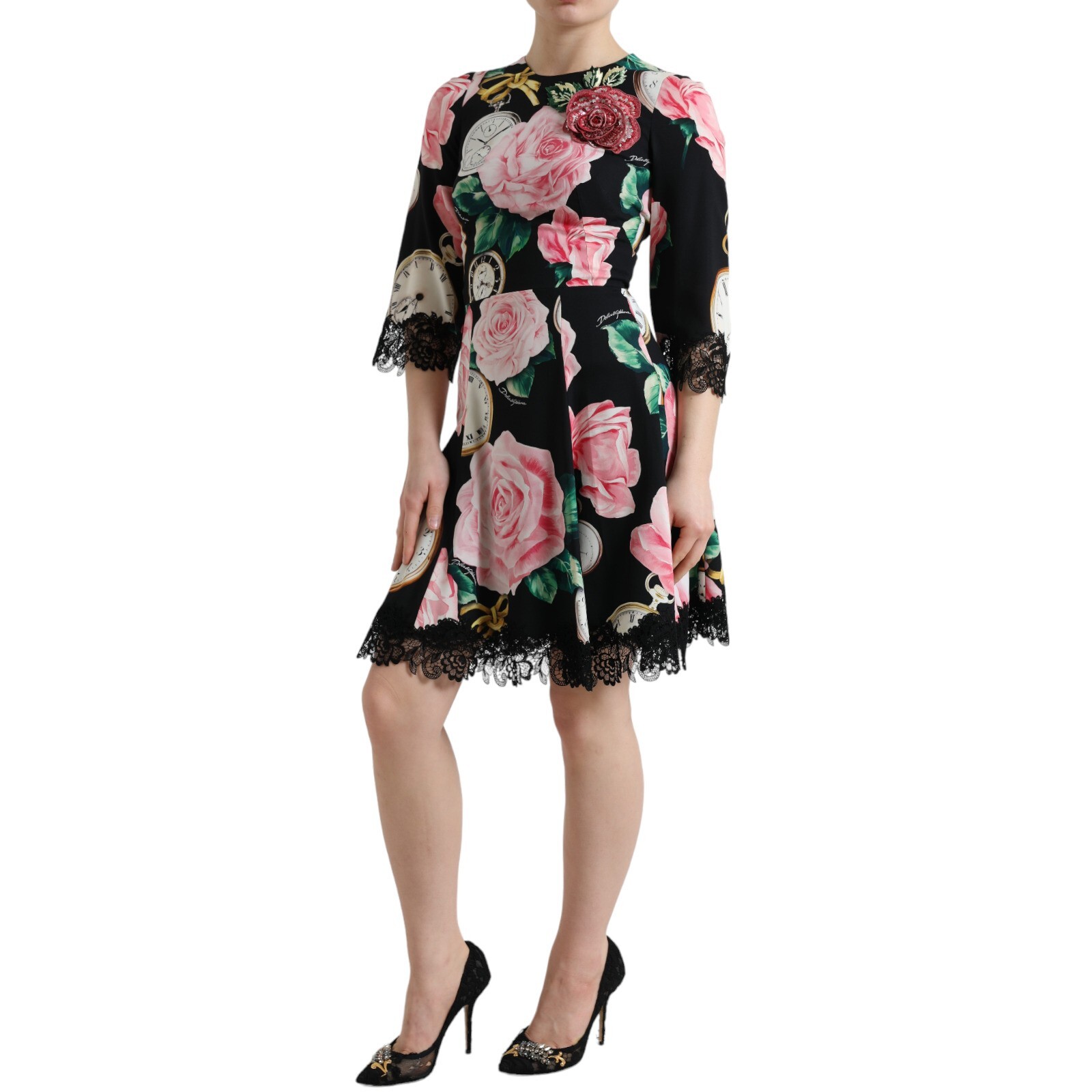 DOLCE & GABBANA Dress Black Floral Embellished Lace A-line
