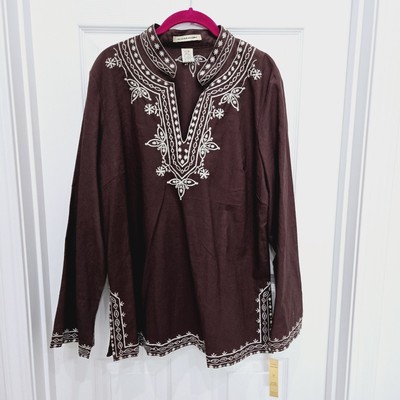 e-col-o-gie Women s Linen Blend Tunic Top Size XL Brown Embroidered   FLAWED