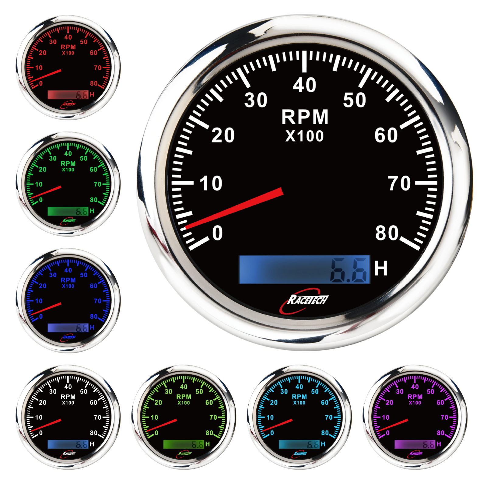 RACETECH 85mm 3 3/8" 7 Color Black Tachometer HOURMETER 8000 RPM