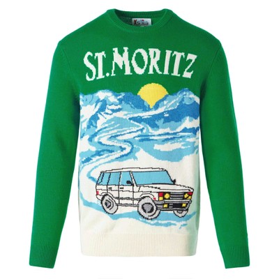 Pre-owned Mc2 Saint Barth Man Green Sweater With St.moritz Postcard Print