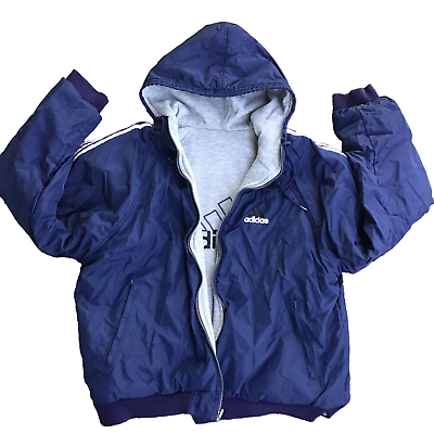 Vintage Adidas Reversible Zip Up Puffer Jacket Size XL Blue Gray Striped Logo