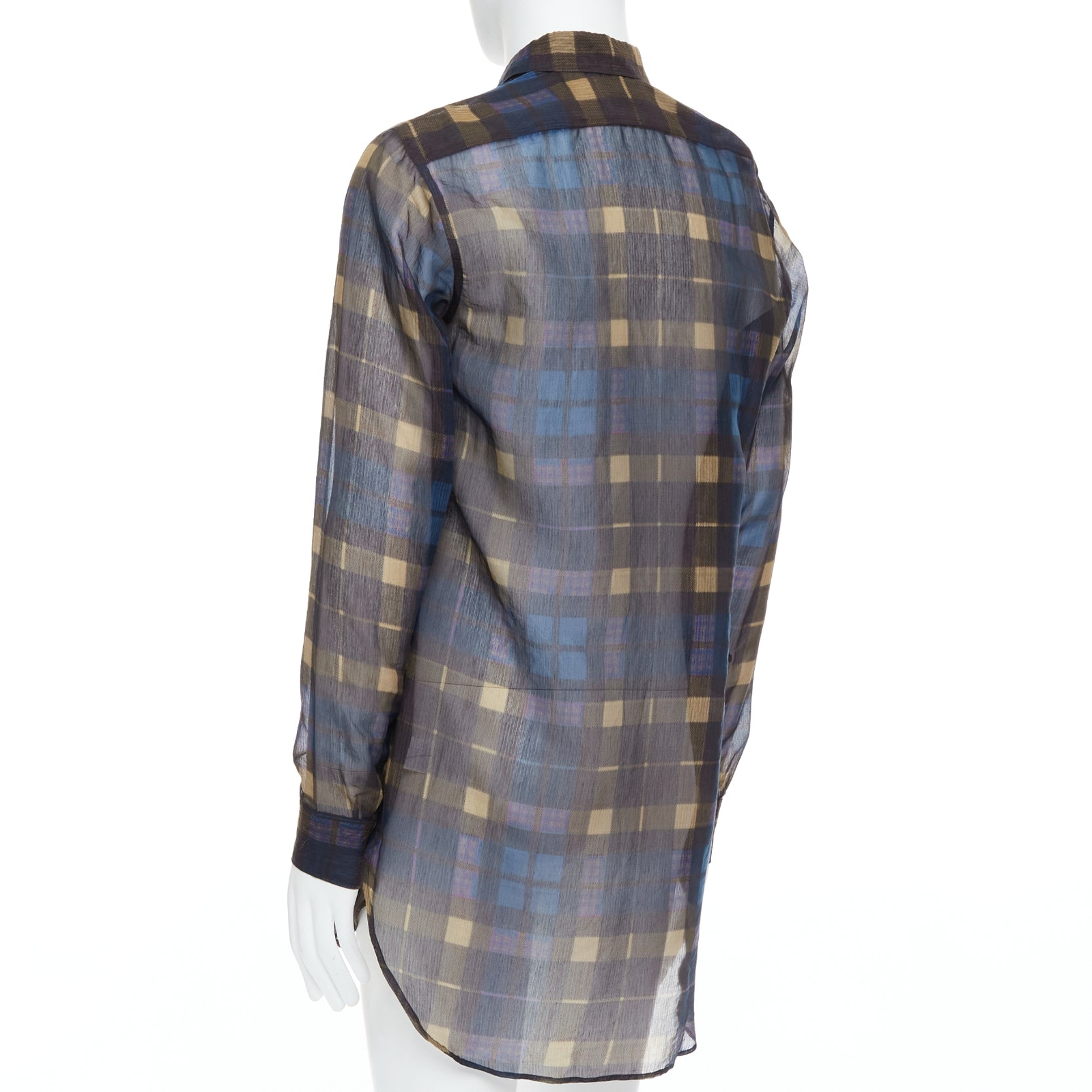 DRIES VAN NOTEN blue beige cotton silk sheer checked shirt