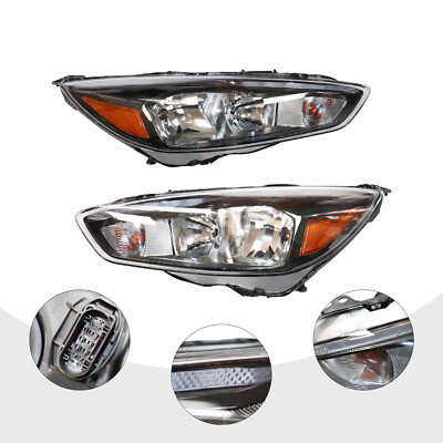 Pair Headlights For 2015-2018 Ford Focus Black Halogen Head Lamps w/ LED DRL Set