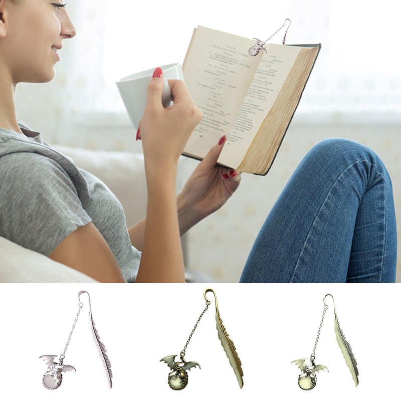 Feather Bookmark Luminous with Flying Dragon Pendant Metal Book Page Markers