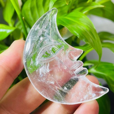 1pcs Natural clear Quartz moon face skull hand Carved Crystal healing