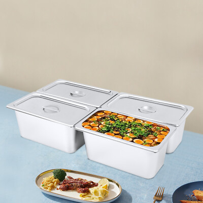 4Pcs 6'' Stainless Steel Deep Steam Table Pans with Lids 1/3 Size Hotel Food Prep