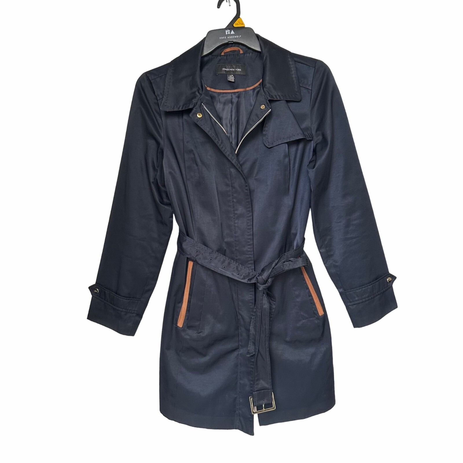 Sz M Womens Jones New York Trench Coat Mid Length Navy Belt