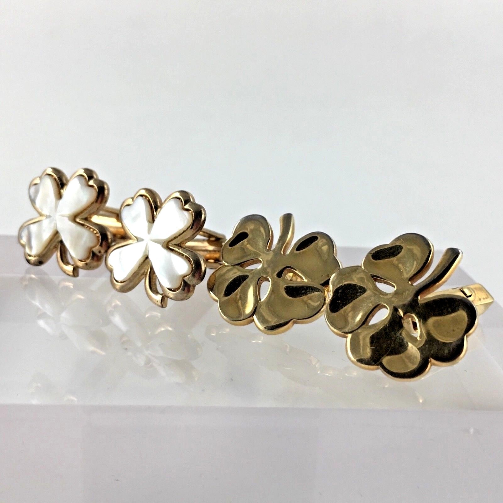 Swank Shamrock 4 Leaf Clover Cuff Links Lucky Set 2 Gold Tone Pearl Vtg Gift