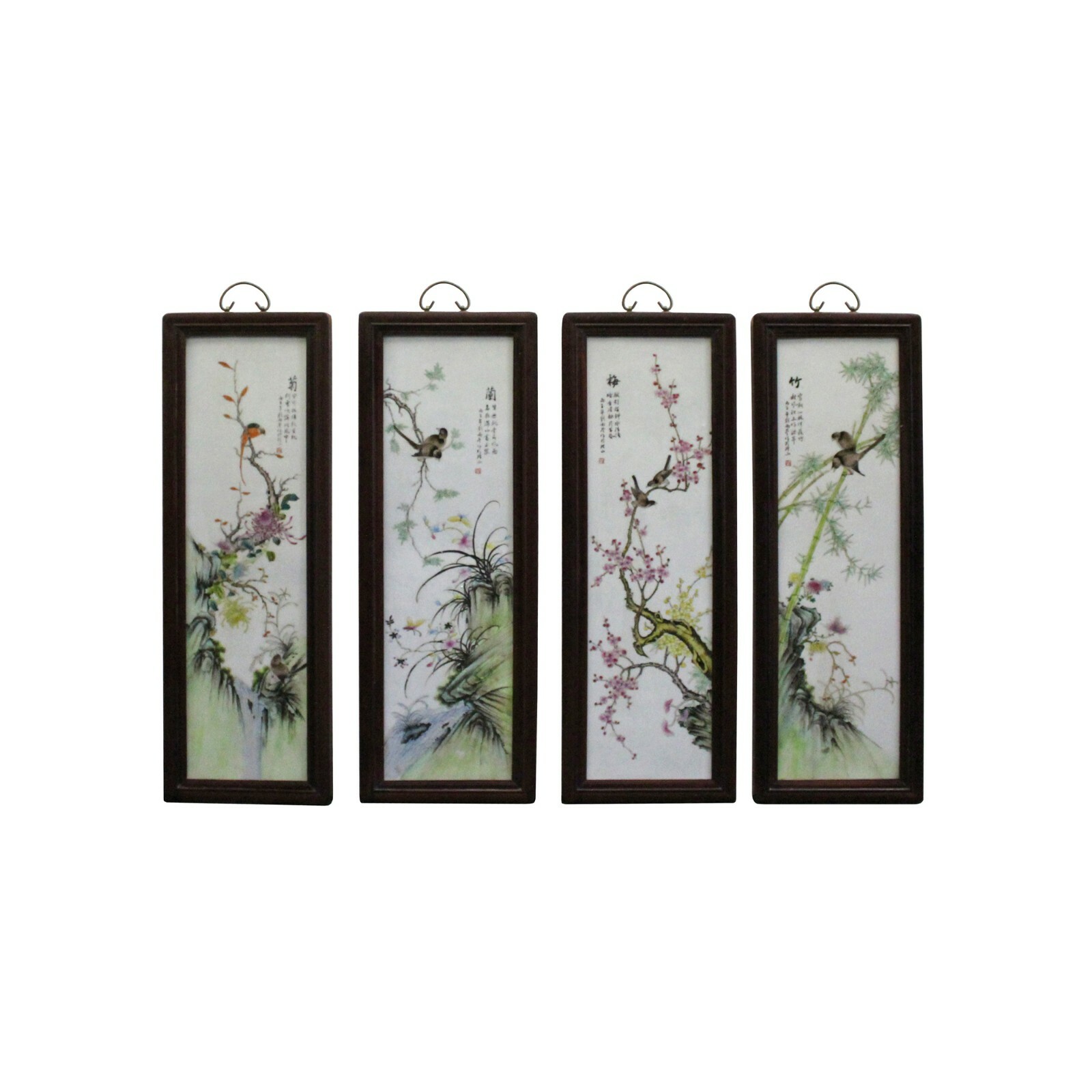 Chinese Color Porcelain Flower Birds Wood Wall Panels Set cs4985S Chinese Color Porcelain Flower Birds Wood Wall Panels Set cs4985S