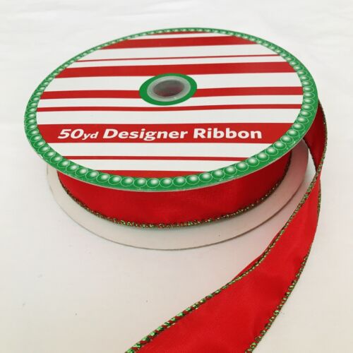 Roll Designer Ribbon 42+ Yards Woven Red w/ Metallic Green 1.5...