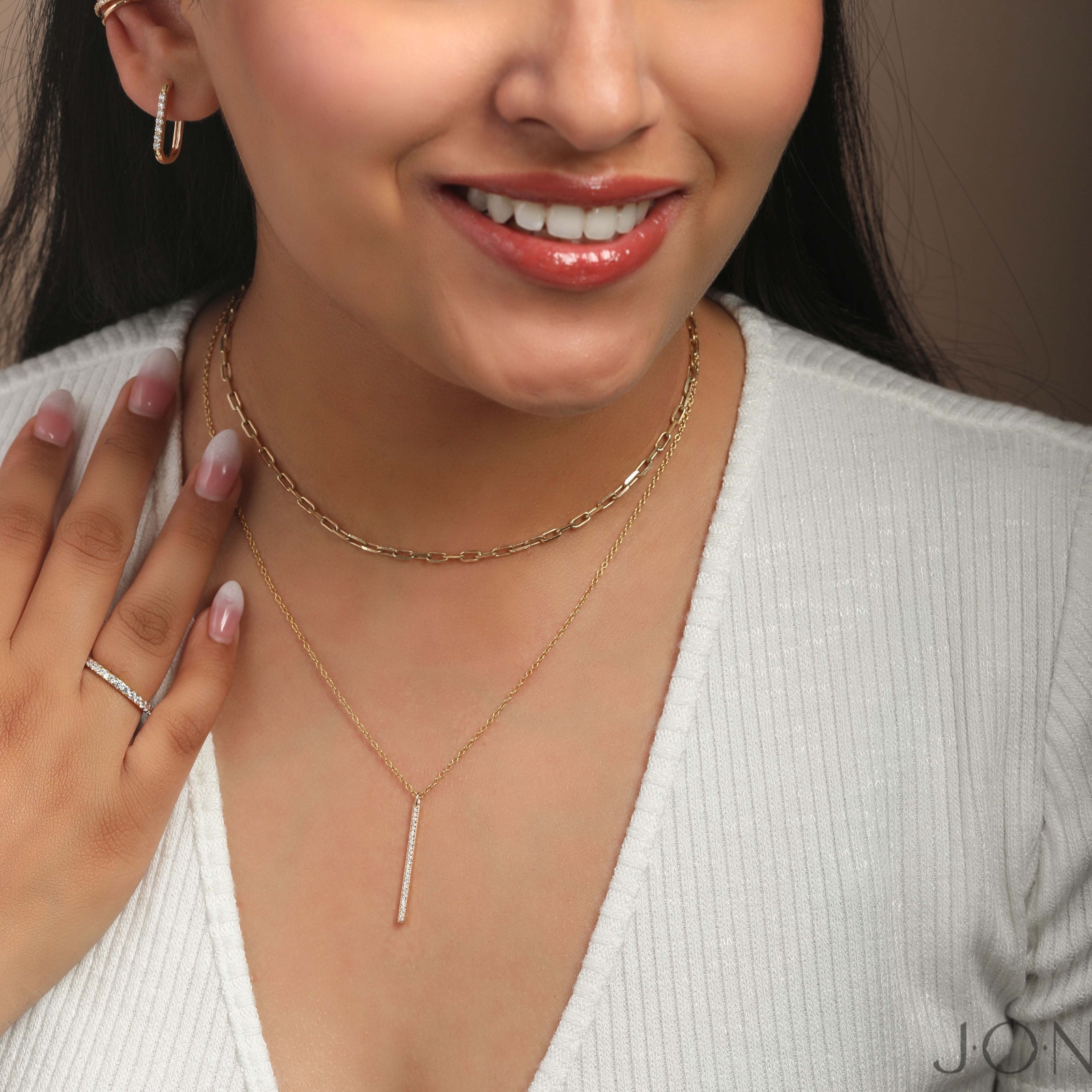 14K Gold 0.12 Ct Natural Diamond 30 mm Bar Pendant Necklace