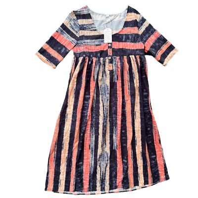 Made With Love Womens Small Navy Coral Peach Brush Print Short Sleeve Midi Dress